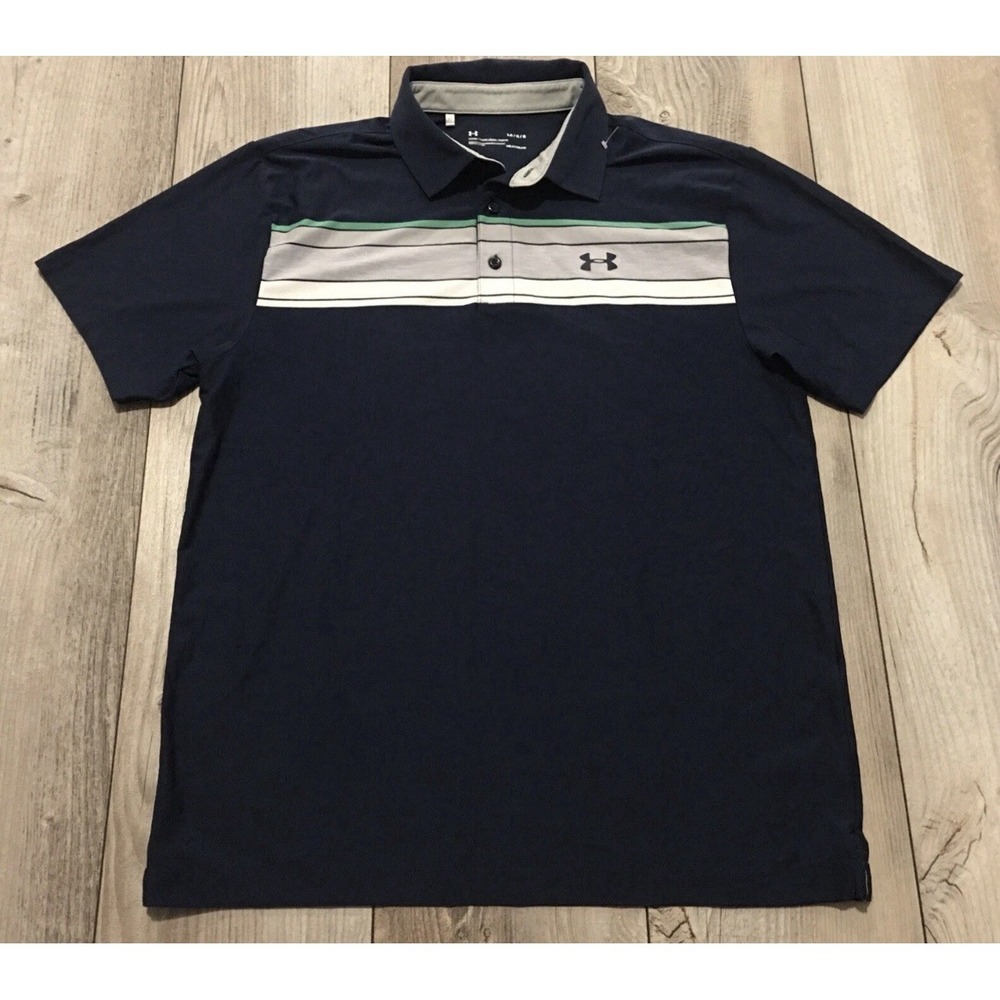Under Armour Men's Large Navy Striped Short Sleeve Golf Polo HeatGear Shirt